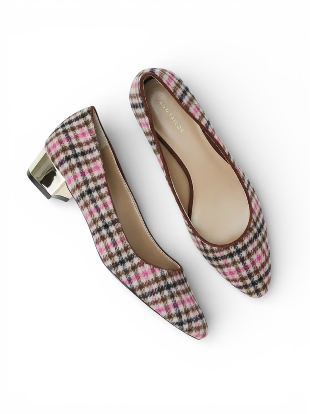 Ann Taylor Plaid Block Heel Pumps Pink Brown Tweed Pointed Toe – Size 7M